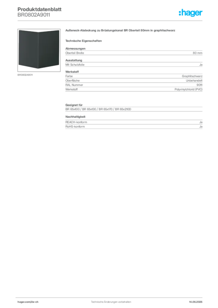 Bild Hager Produktdatenblatt BR0802A9011 | Hager Schweiz