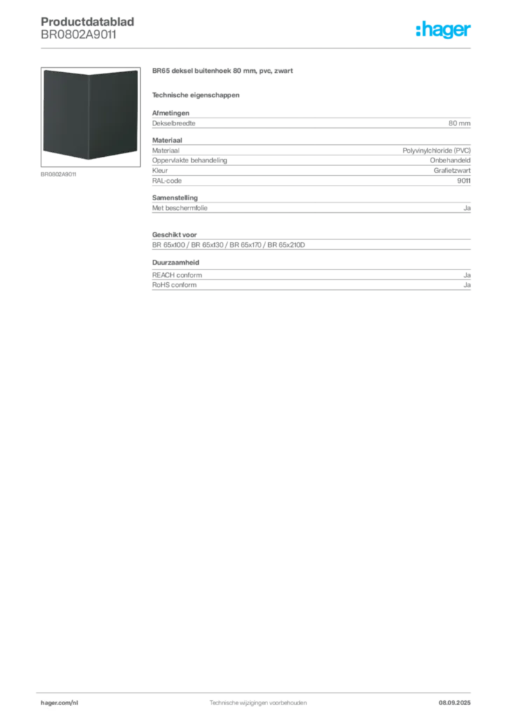 Afbeelding Hager Productdatablad BR0802A9011 | Hager Nederland