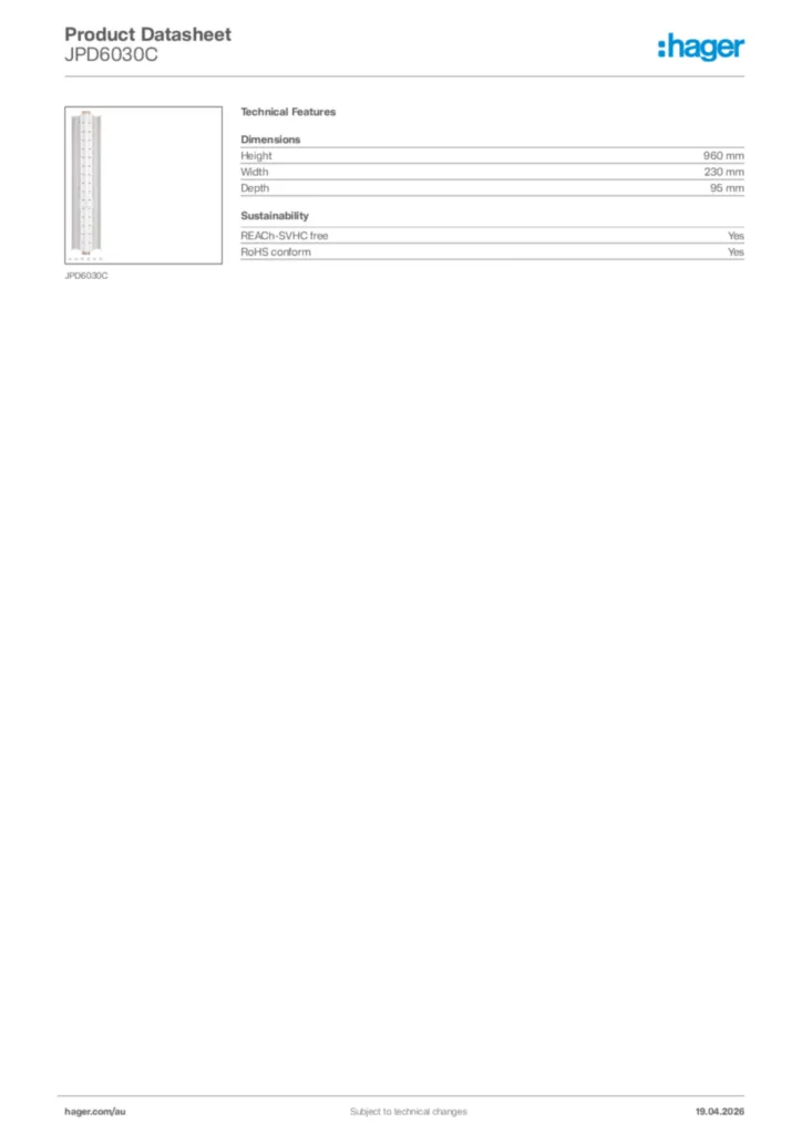 Image Hager Product data sheet JPD6030C  | Hager Australia