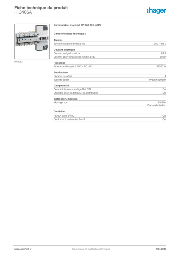 Image Hager Fiche technique du produit HIC406A | Hager Afrique