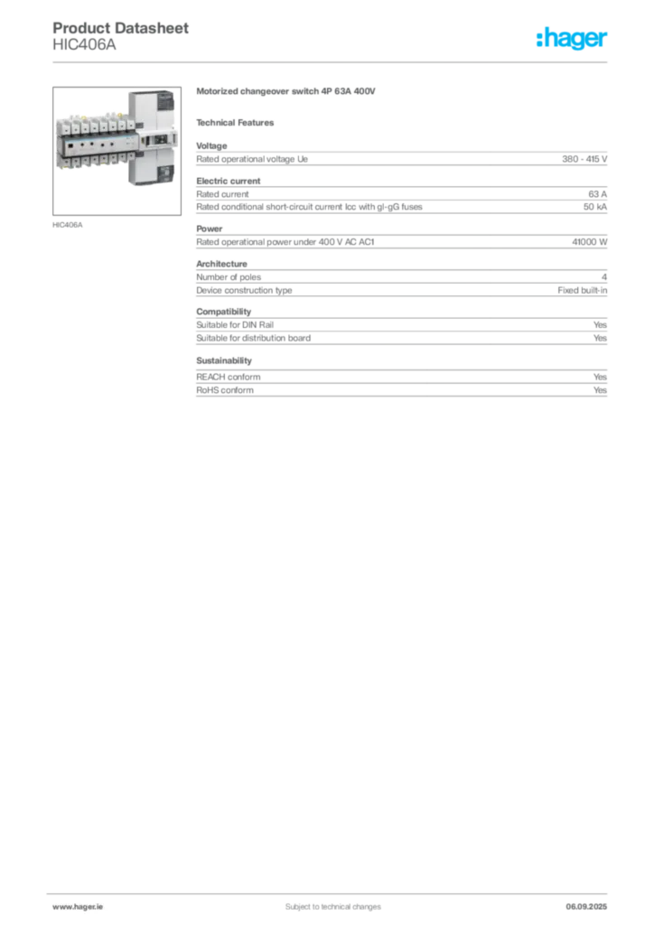 Image Hager Product data sheet HIC406A  | Hager