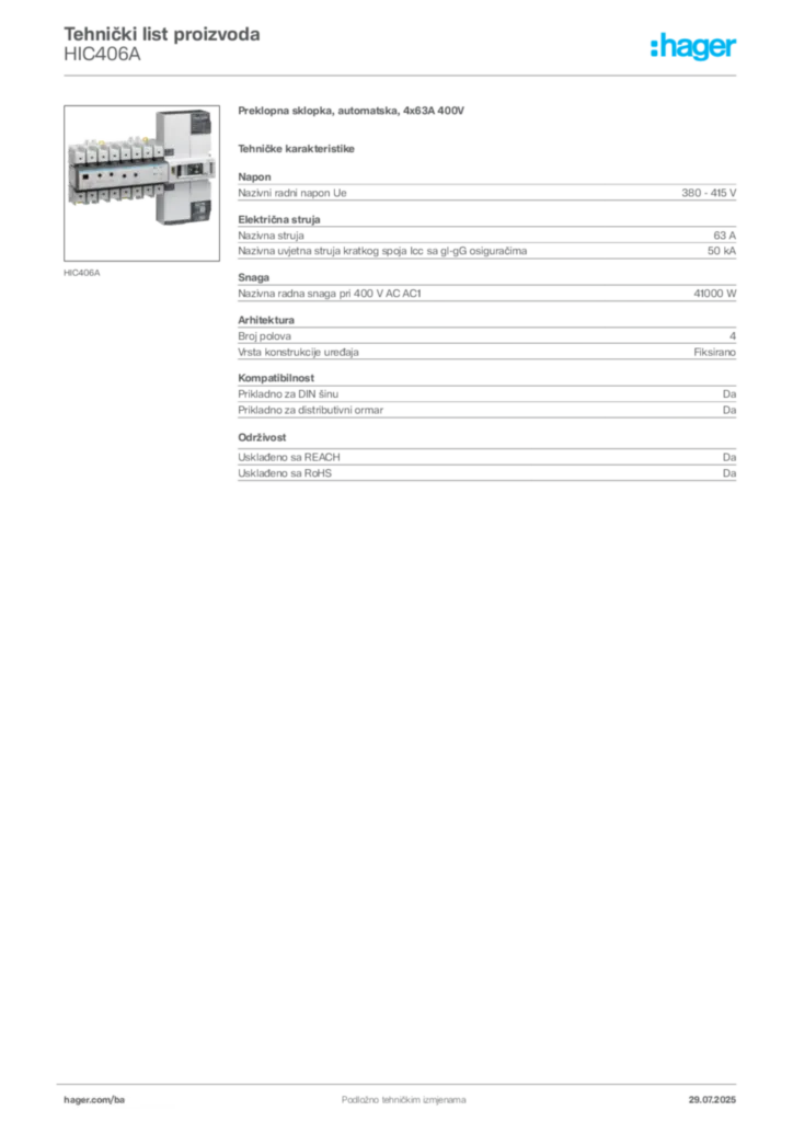 Slika Hager Product data sheet HIC406A  | Hager