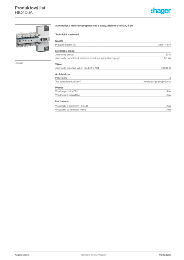 Obrázek Hager Produktový list HIC406A | Hager