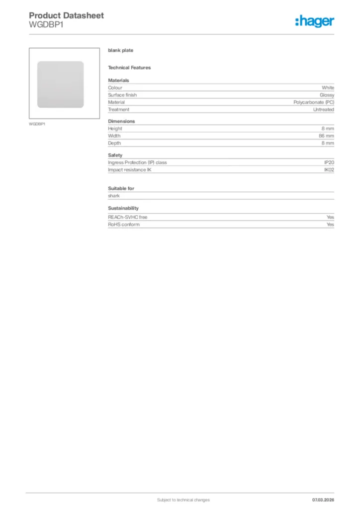 Image Hager Product data sheet WGDBP1  | Hager