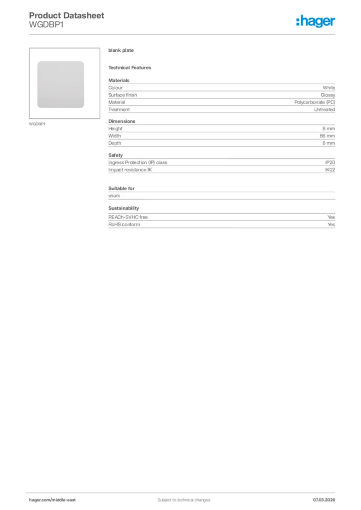 Image Hager Product data sheet WGDBP1  | Hager
