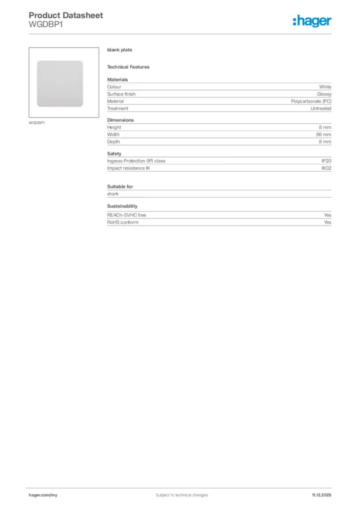 Image Hager Product data sheet WGDBP1  | Hager