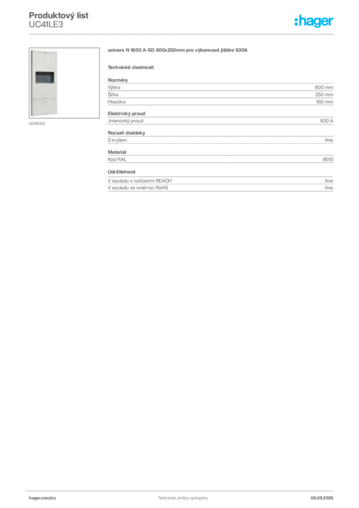 Obrázek Hager Produktový list UC41LE3 | Hager