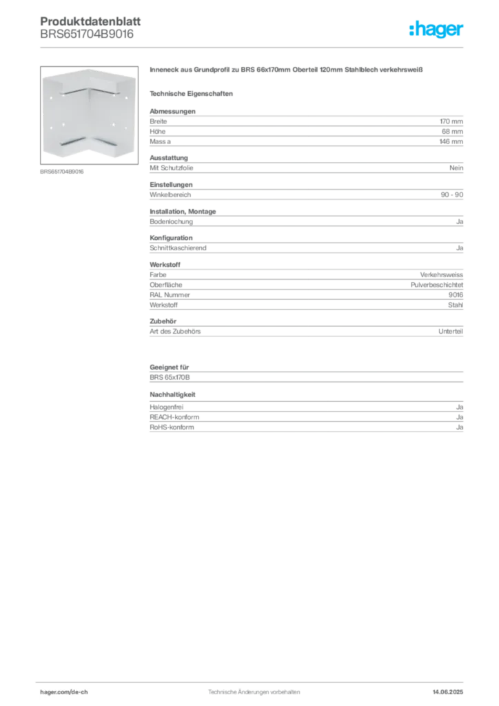 Bild Hager Produktdatenblatt BRS651704B9016 | Hager Schweiz