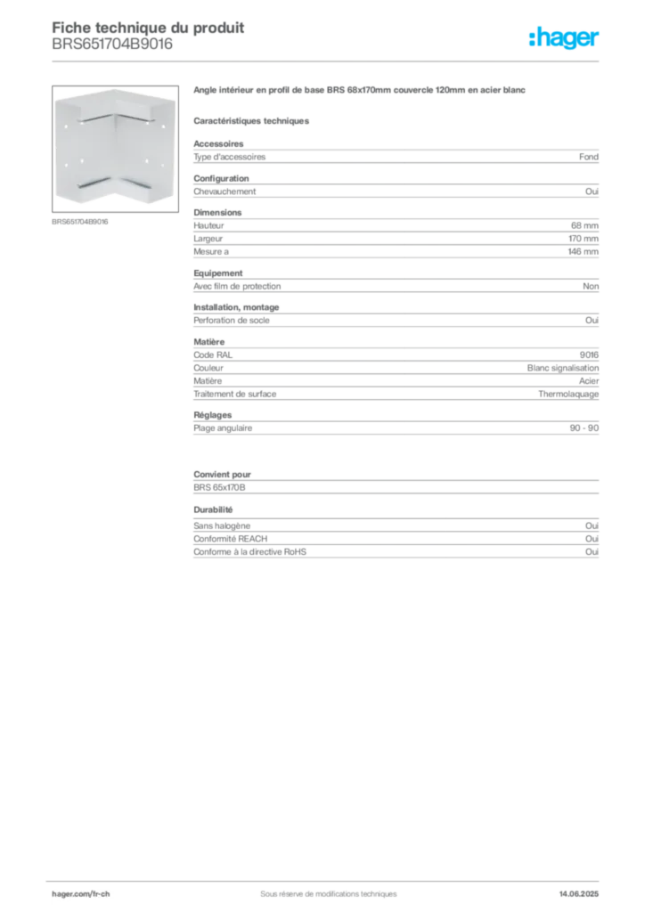 Image Hager Fiche technique du produit BRS651704B9016 | Hager Suisse