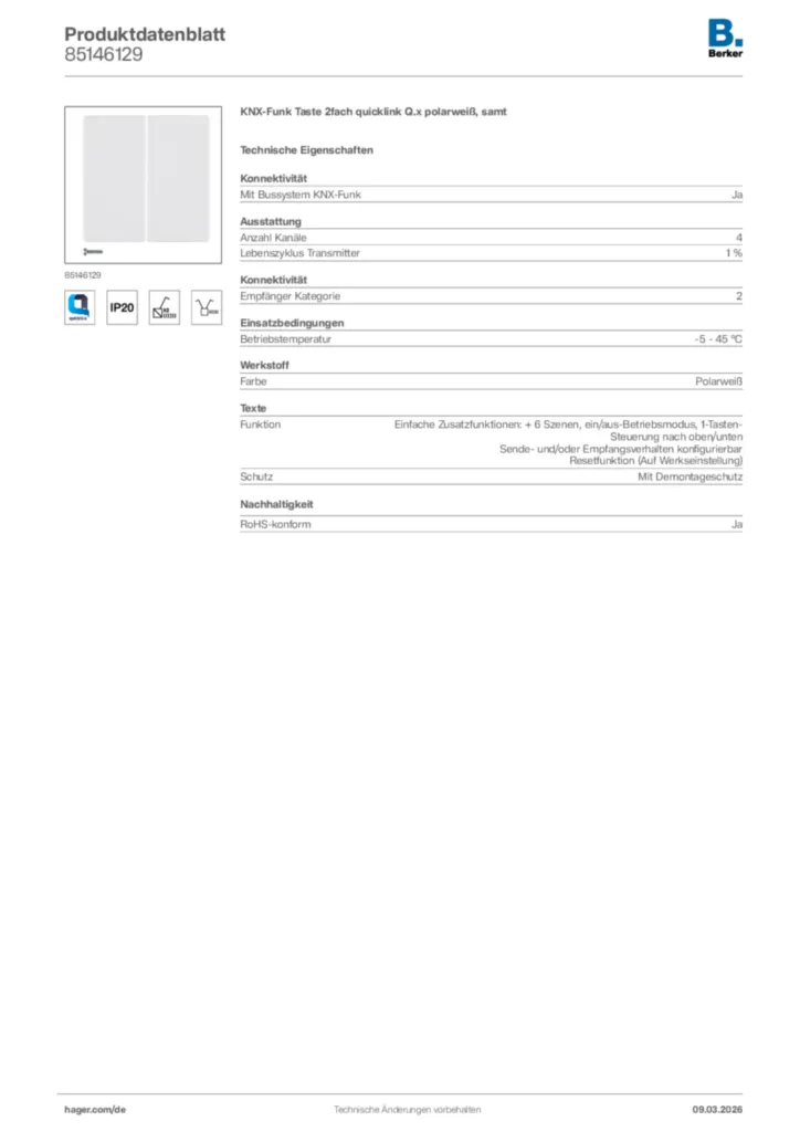 Bild Berker Produktdatenblatt 85146129 | Hager Deutschland