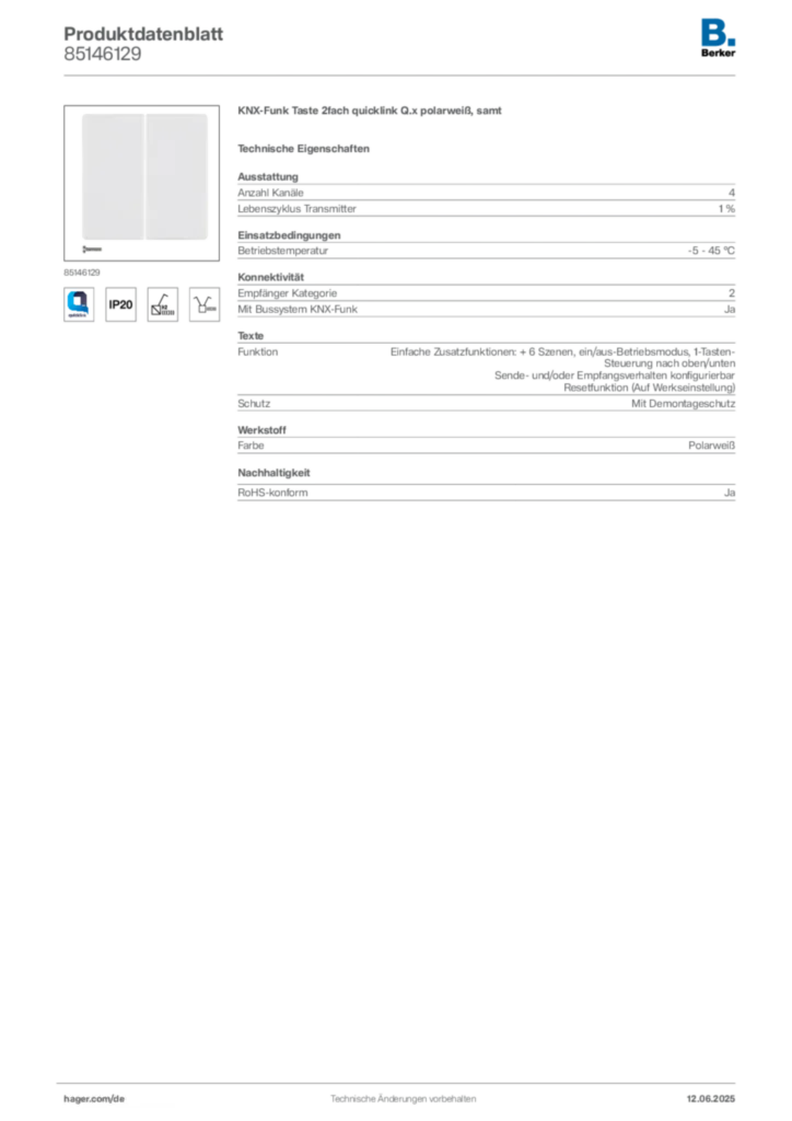 Bild Berker Produktdatenblatt 85146129 | Hager Deutschland