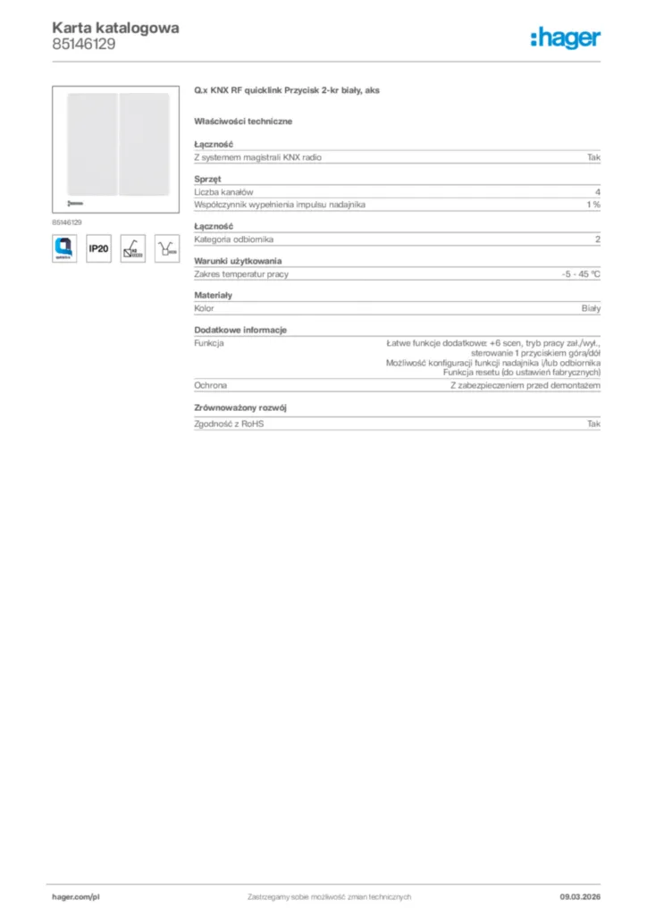 Zdjęcie Hager Karta katalogowa 85146129 | Hager Polska