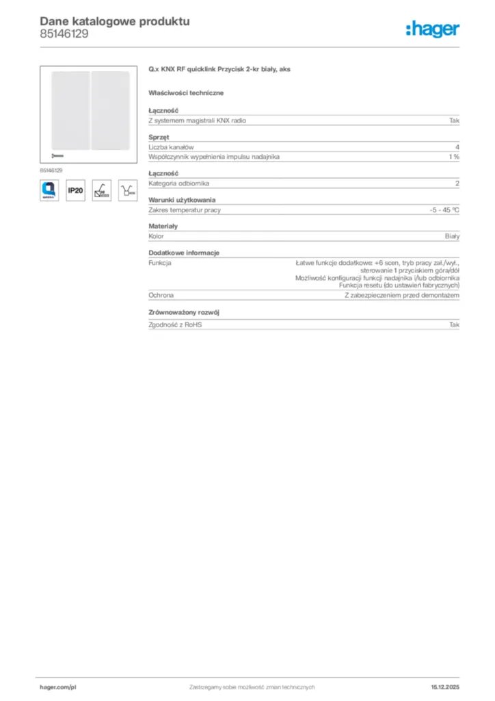 Zdjęcie Hager Karta katalogowa 85146129 | Hager Polska