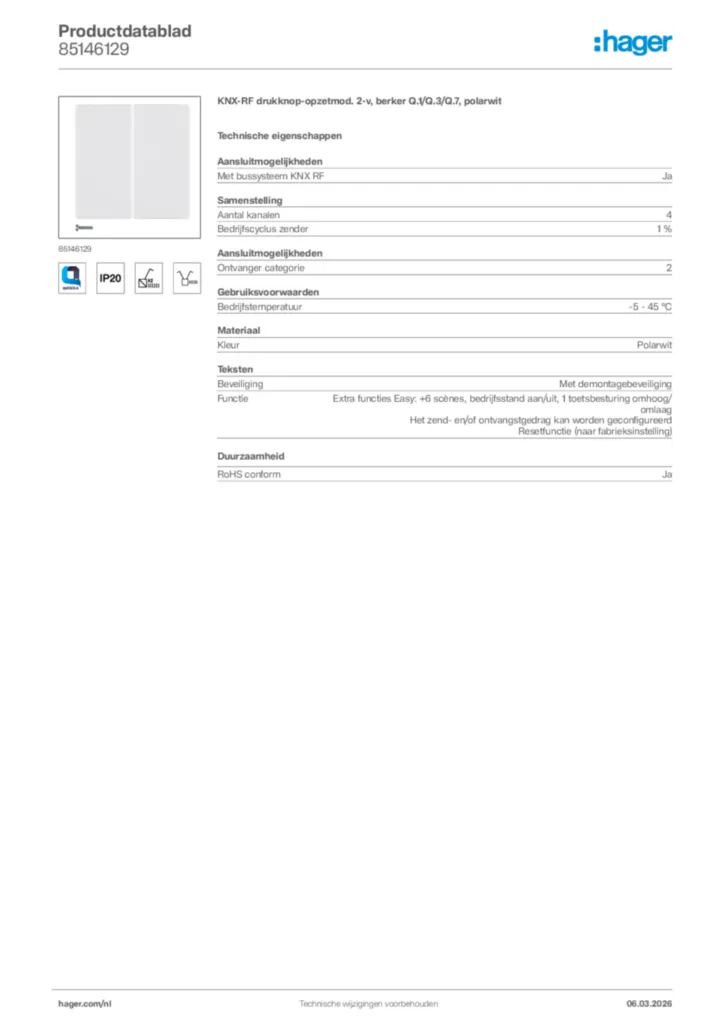 Afbeelding Hager Productdatablad 85146129 | Hager Nederland