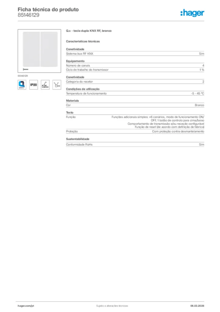 Imagem Hager Ficha técnica do produto 85146129 | Hager Portugal