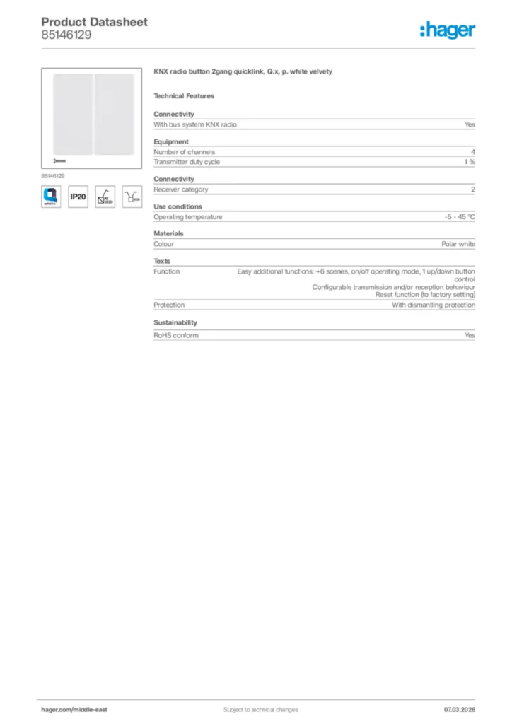 Image Hager Product data sheet 85146129  | Hager