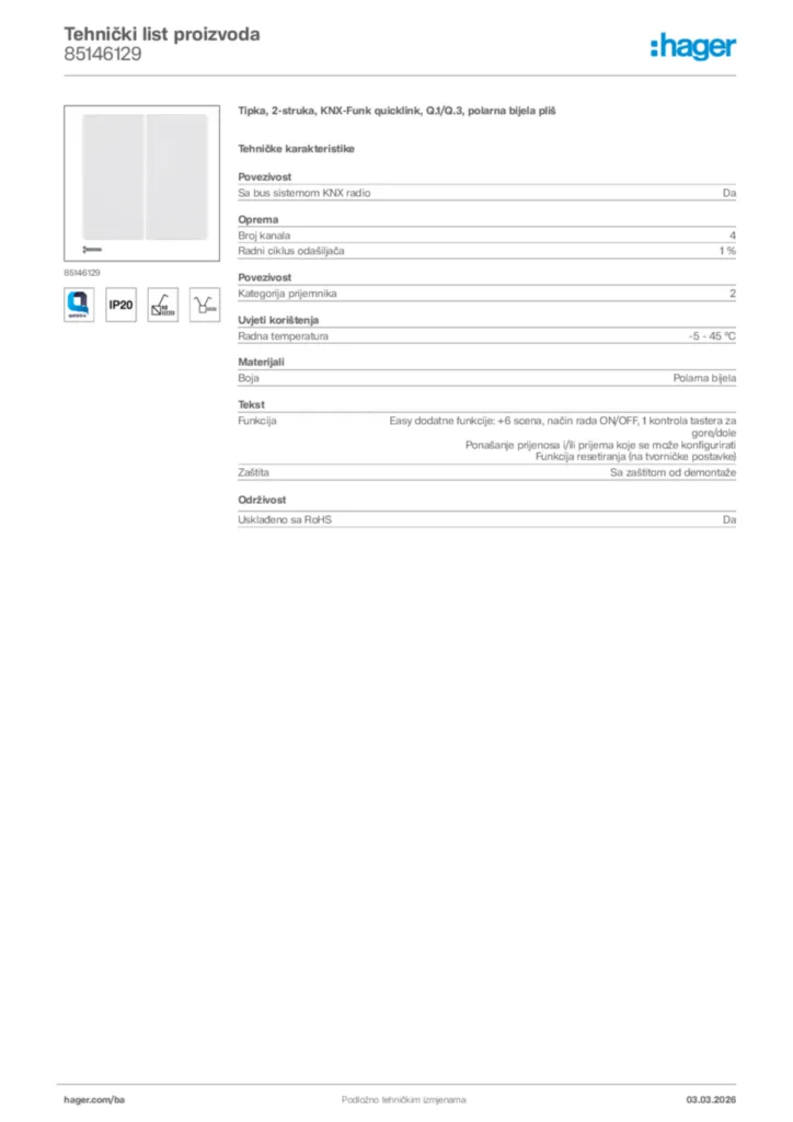 Slika Hager Tehnički list proizvoda 85146129  | Hager