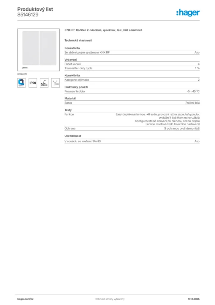 Obrázek Hager Produktový list 85146129 | Hager