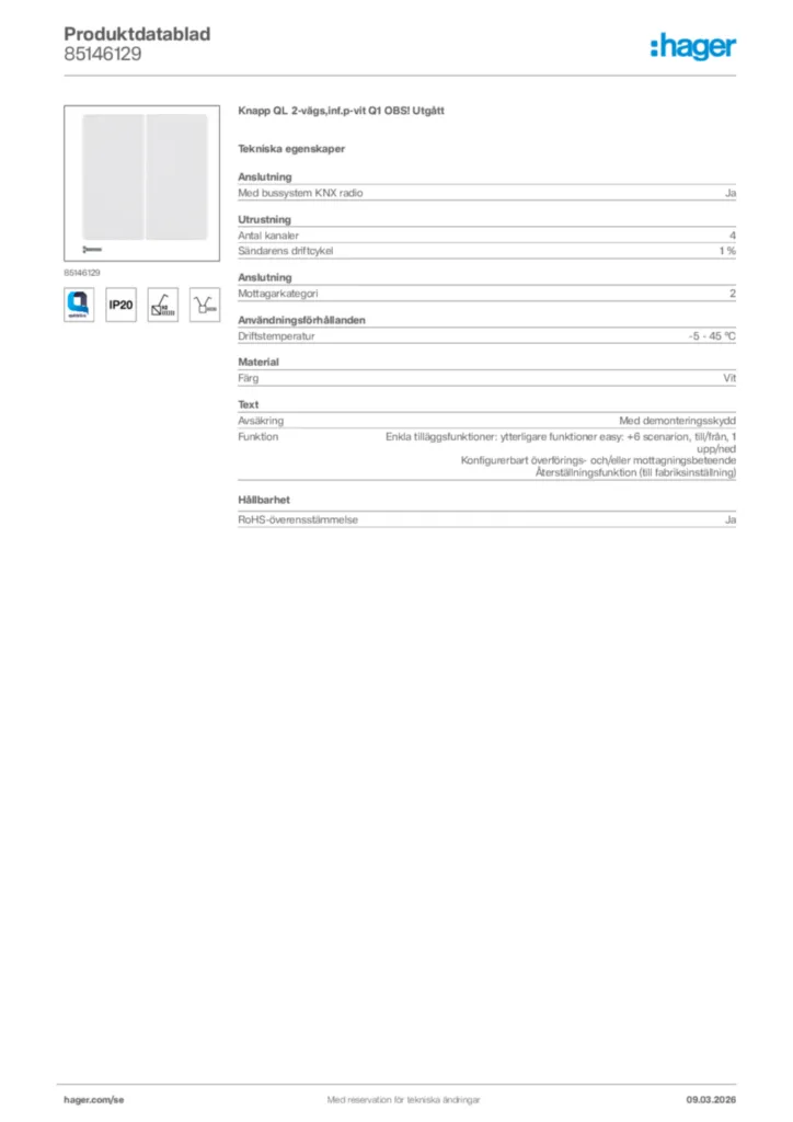 Bild Hager Produktdatablad 85146129 | Hager Sverige