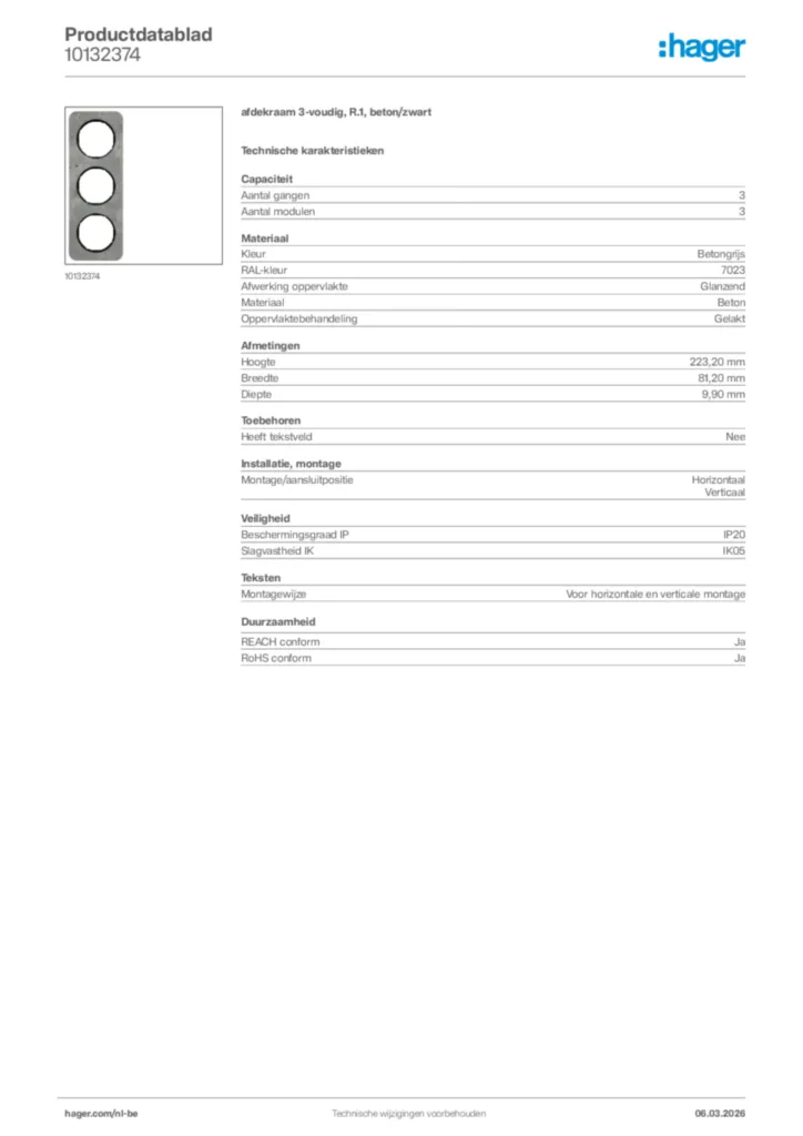 Afbeelding Hager Productdatablad 10132374 | Hager Belgium
