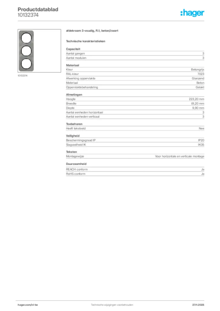 Afbeelding Hager Productdatablad 10132374 | Hager Belgium