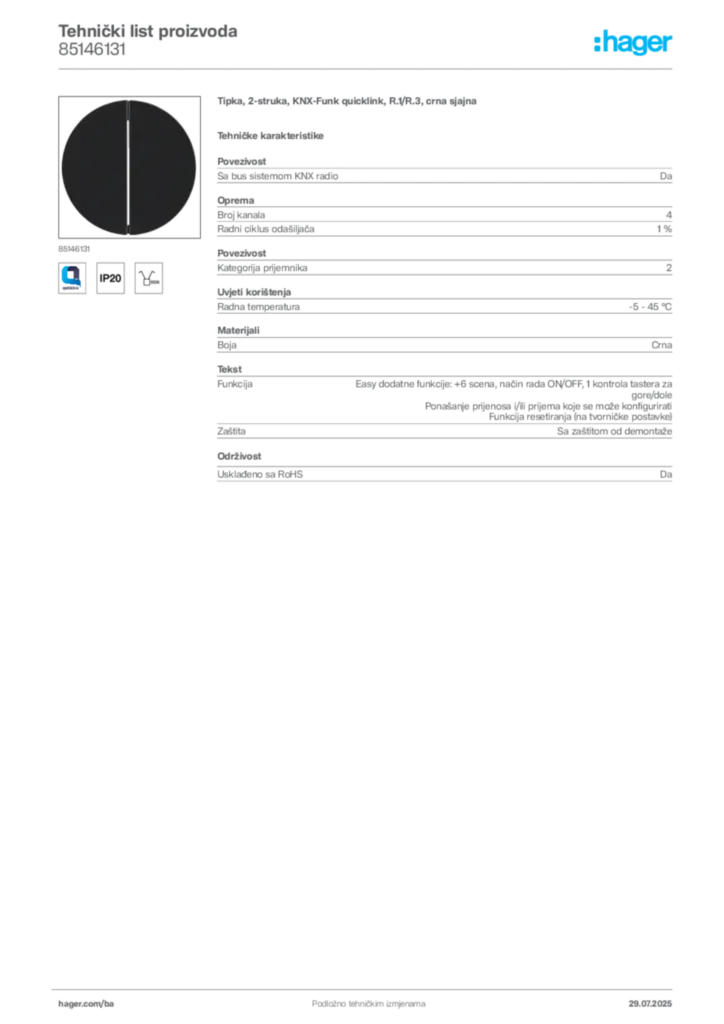 Slika Hager Product data sheet 85146131  | Hager