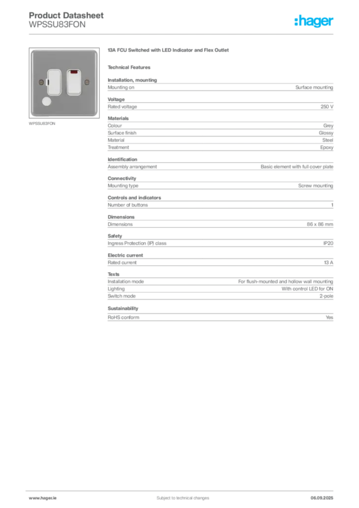 Image Hager Product data sheet WPSSU83FON  | Hager