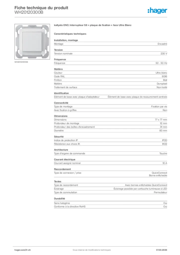 Image Hager Fiche technique du produit WH20120300B | Hager Suisse