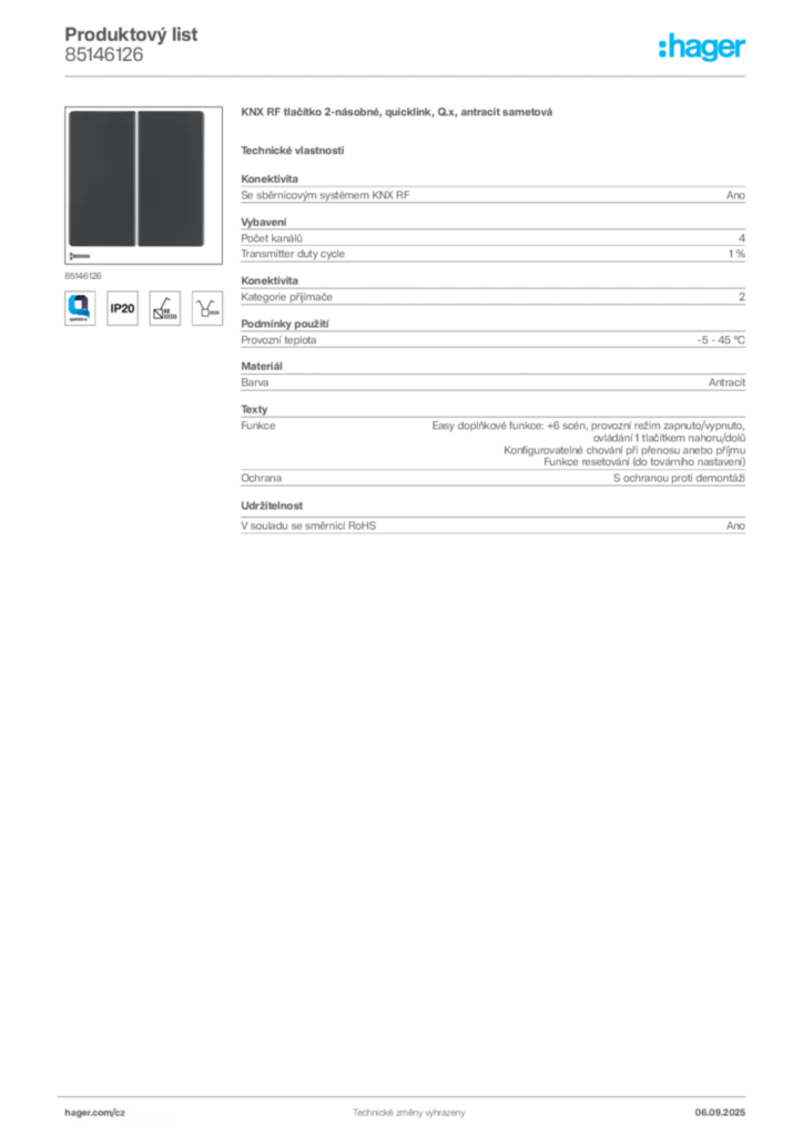 Obrázek Hager Produktový list 85146126 | Hager