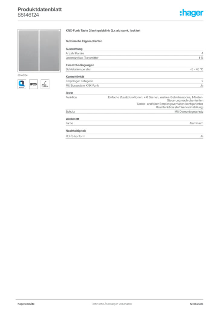 Bild Berker Produktdatenblatt 85146124 | Hager Deutschland