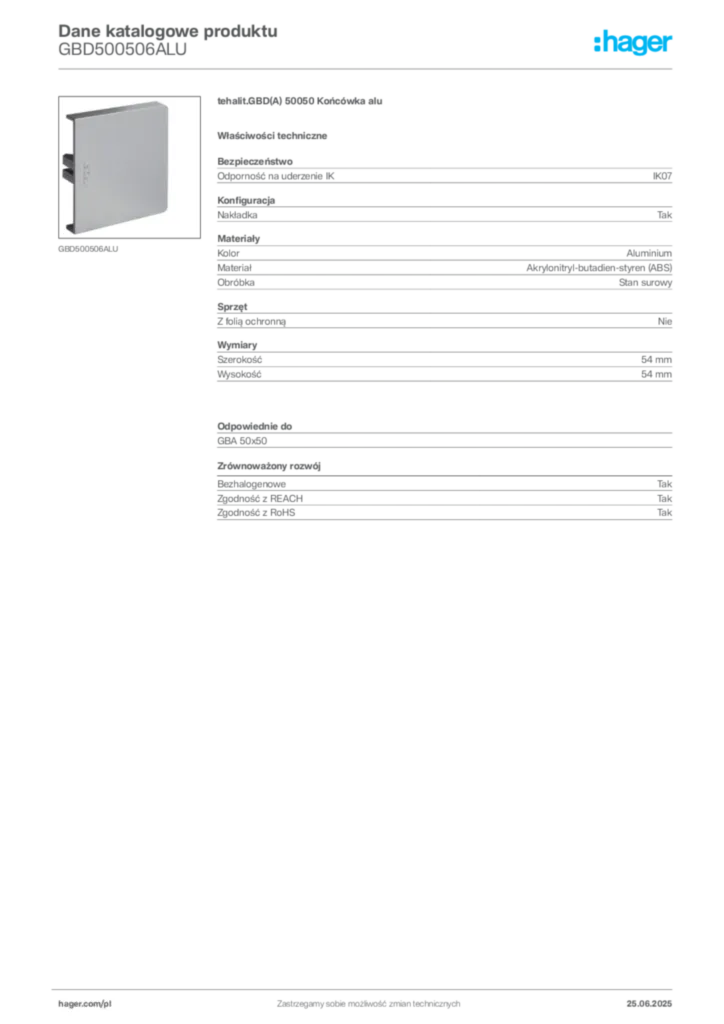 Zdjęcie Hager Karta katalogowa GBD500506ALU | Hager Polska