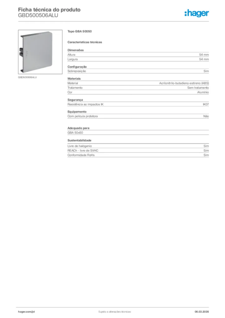 Imagem Hager Ficha técnica do produto GBD500506ALU | Hager Portugal