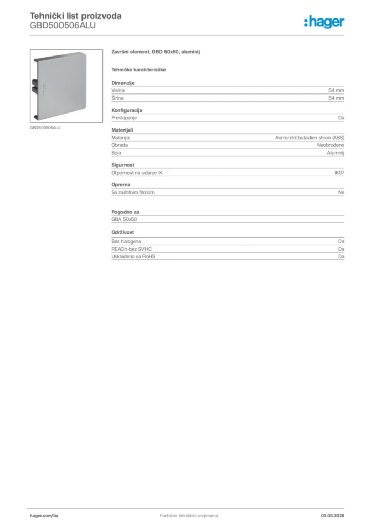 Slika Hager Tehnički list proizvoda GBD500506ALU  | Hager