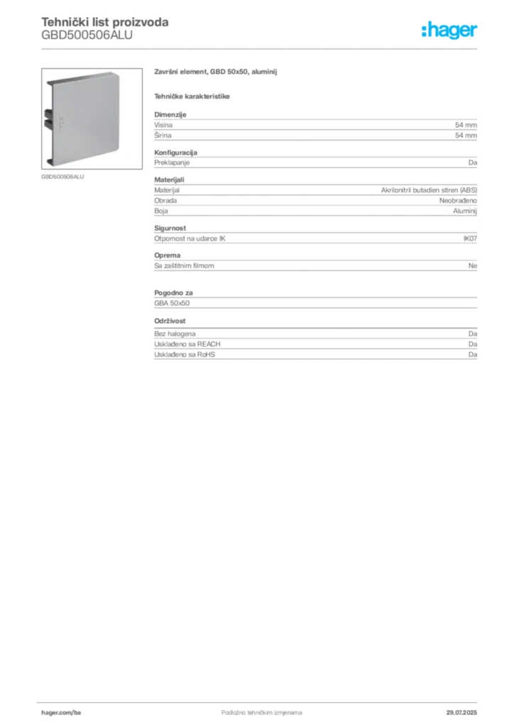 Slika Hager Product data sheet GBD500506ALU  | Hager