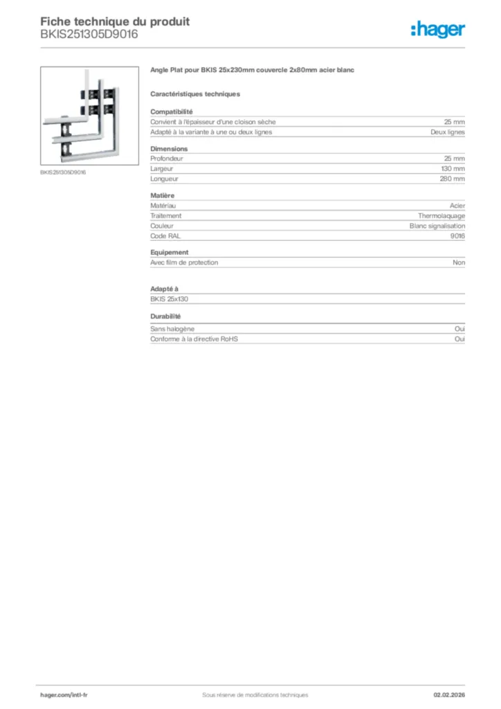Image Hager Fiche technique du produit BKIS251305D9016 | Hager Afrique