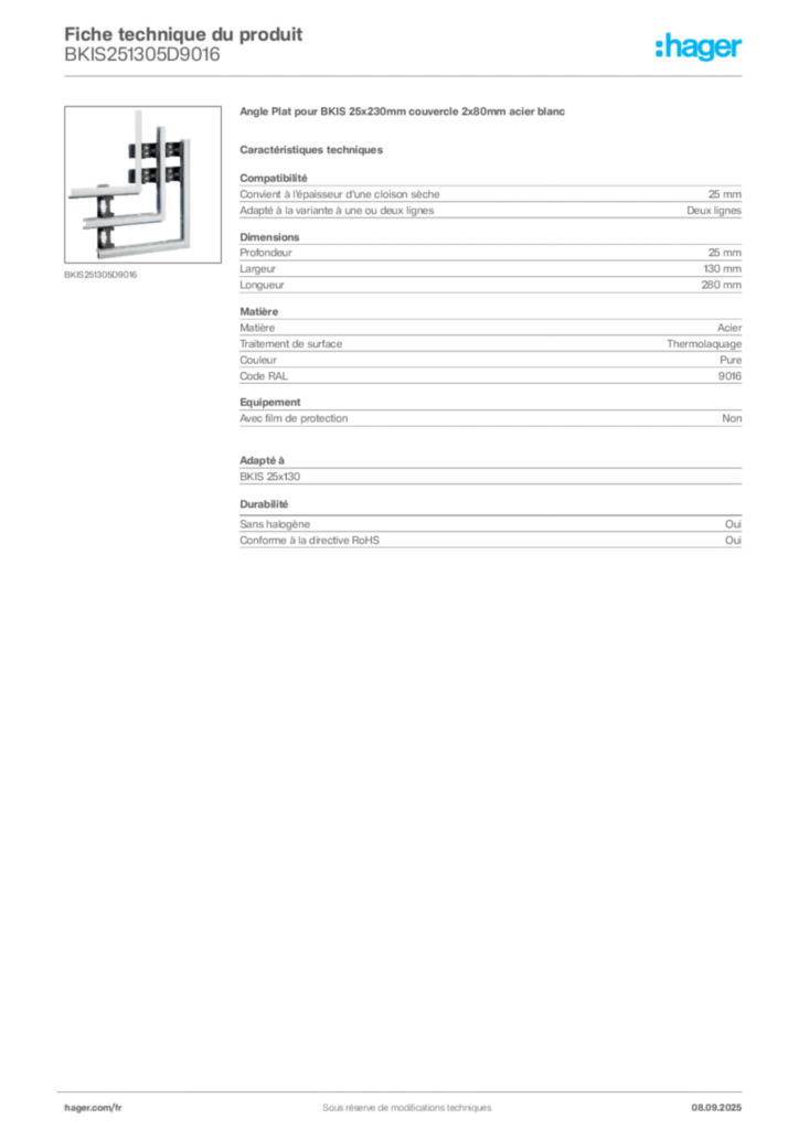 Image Hager Fiche technique du produit BKIS251305D9016 | Hager France