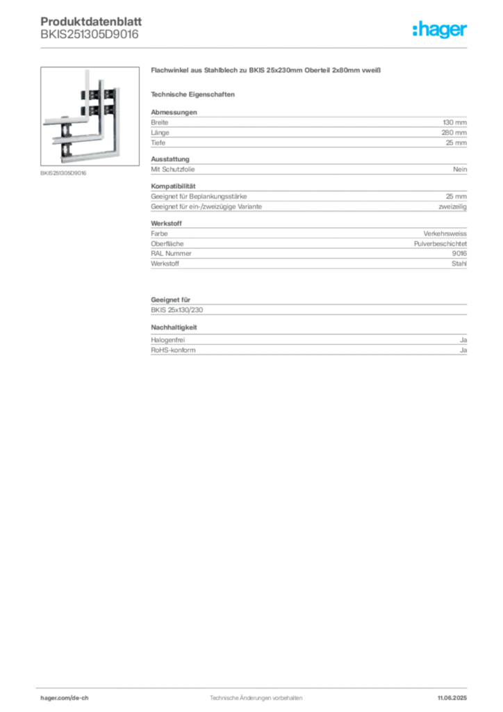 Bild Hager Produktdatenblatt BKIS251305D9016 | Hager Schweiz