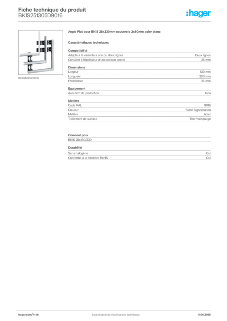 Image Hager Fiche technique du produit BKIS251305D9016 | Hager Suisse