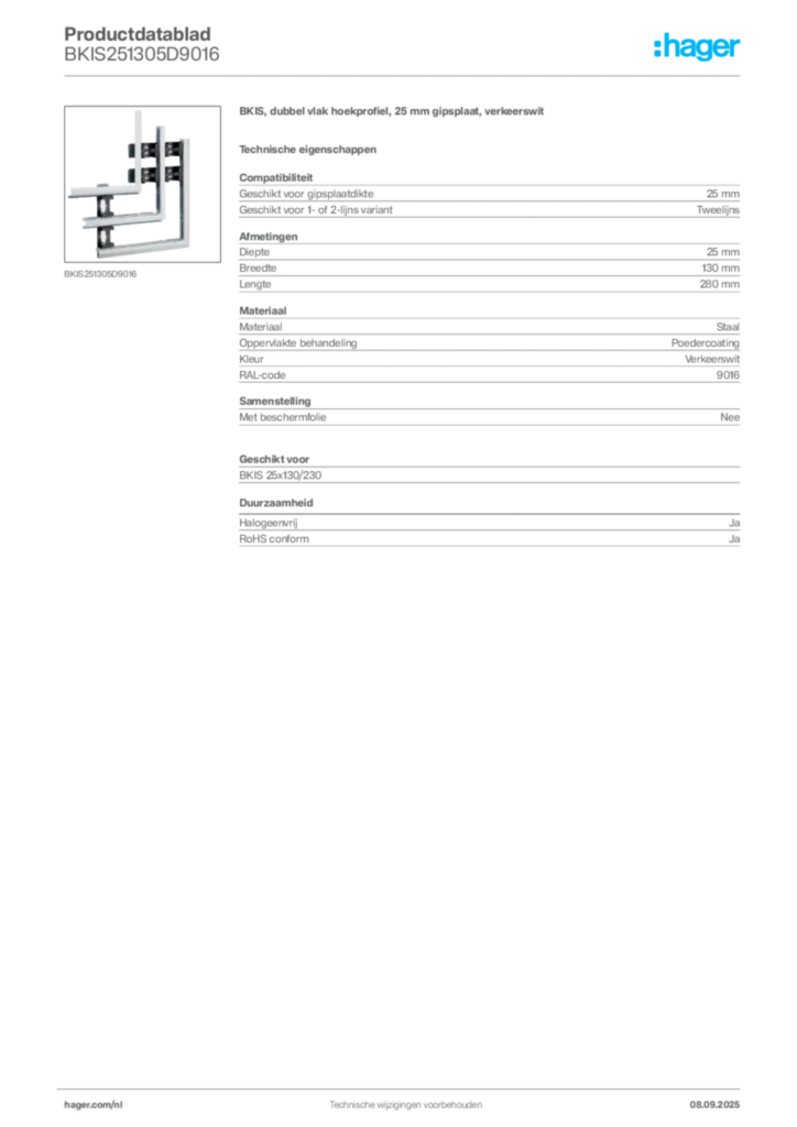 Afbeelding Hager Productdatablad BKIS251305D9016 | Hager Nederland