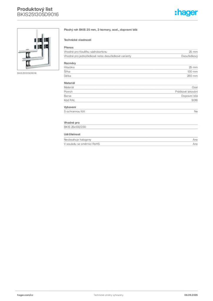 Obrázek Hager Produktový list BKIS251305D9016 | Hager
