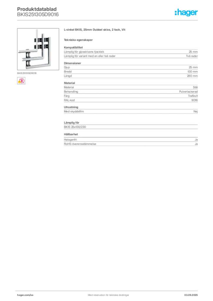 Bild Hager Produktdatablad BKIS251305D9016 | Hager Sverige