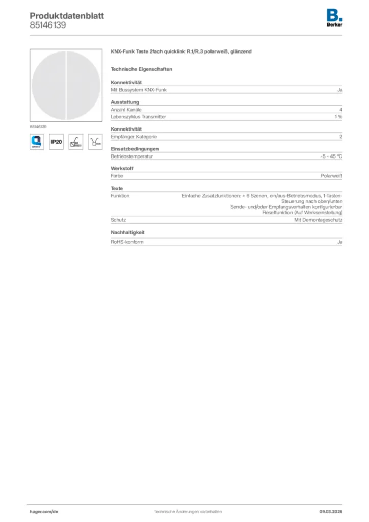 Bild Berker Produktdatenblatt 85146139 | Hager Deutschland