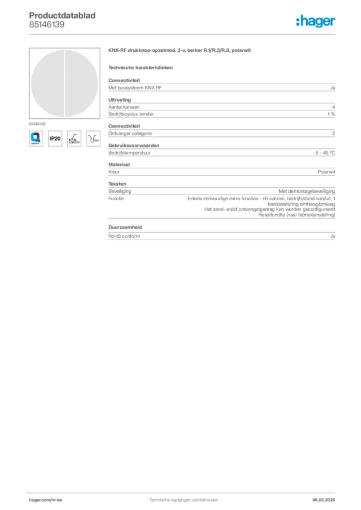 Afbeelding Hager Productdatablad 85146139 | Hager Belgium