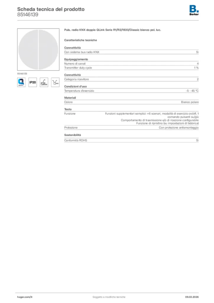 Immagine Berker Scheda tecnica del prodotto 85146139 | Hager Italia