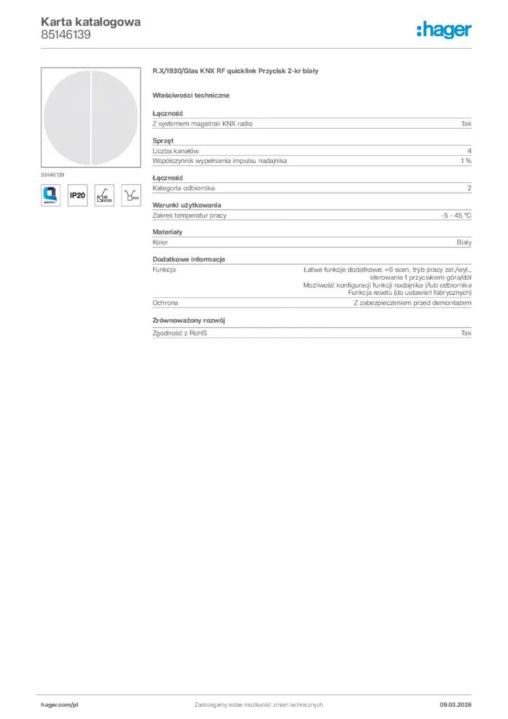 Zdjęcie Hager Karta katalogowa 85146139 | Hager Polska