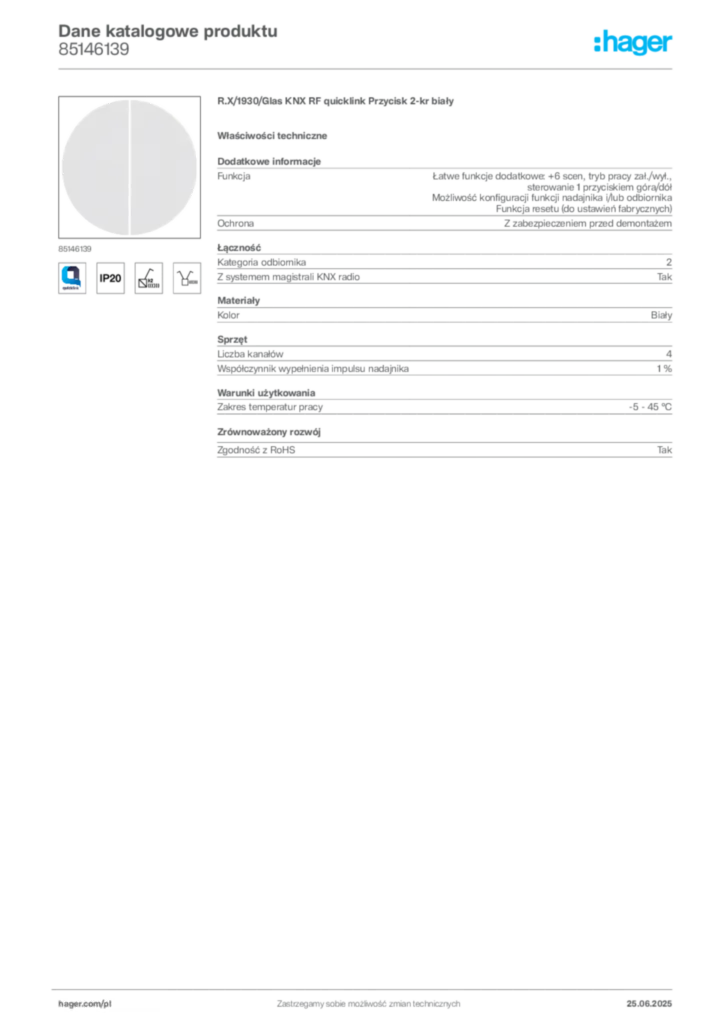 Zdjęcie Hager Karta katalogowa 85146139 | Hager Polska