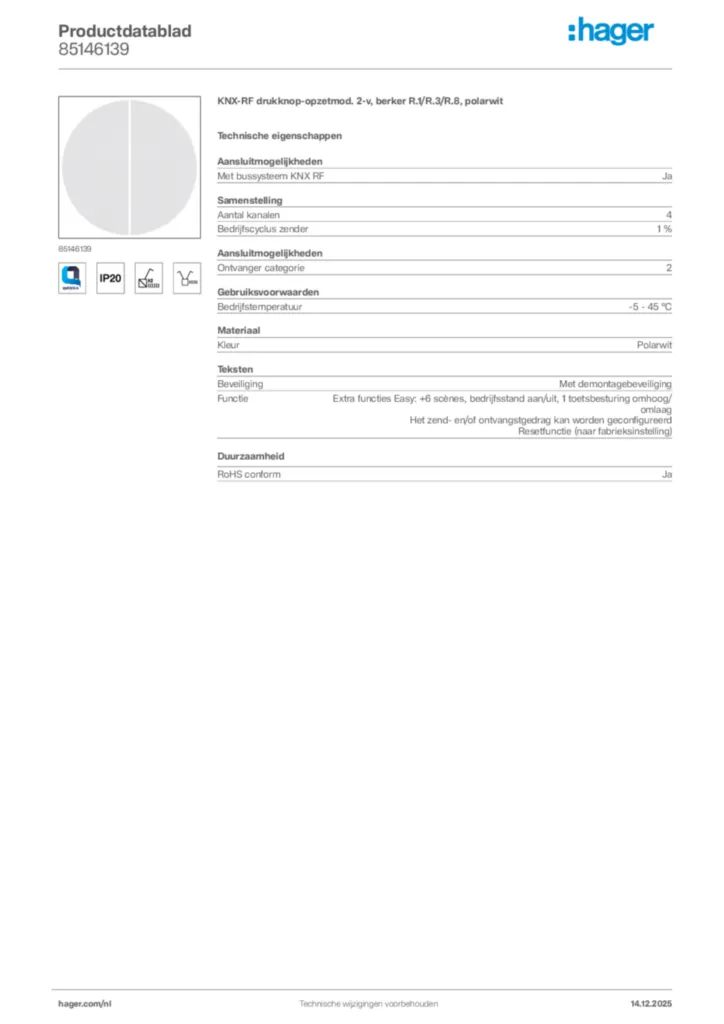 Afbeelding Hager Productdatablad 85146139 | Hager Nederland