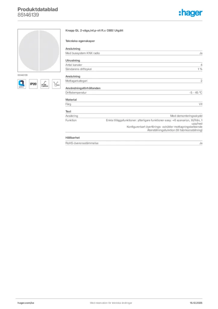 Bild Hager Produktdatablad 85146139 | Hager Sverige