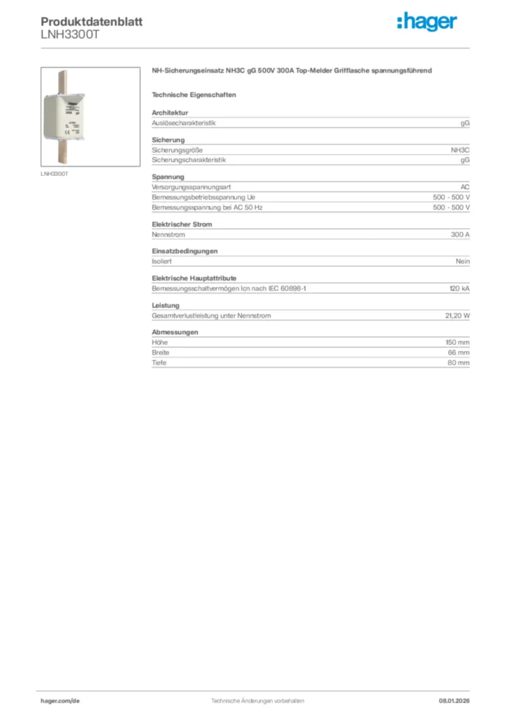 Bild Hager Produktdatenblatt LNH3300T | Hager Deutschland