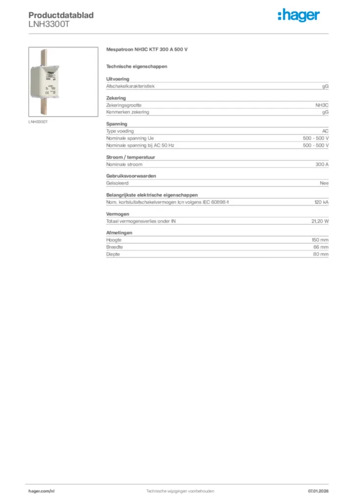 Afbeelding Hager Productdatablad LNH3300T | Hager Nederland
